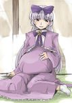  3.1-tan bow character_name commentary_request dress grey_hair hair_bow hand_on_own_stomach hime_cut indoors legs long_hair looking_at_viewer no_shoes older on_floor os-tan pregnant purple_bow purple_dress sitting solo tabi tatami very_long_hair yuumano_yuuki 