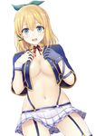  absurdres alzano_school_uniform ass_visible_through_thighs blonde_hair blue_eyes blue_gloves blush bow breasts cleavage commentary_request dutch_angle garter_straps gloves groin hair_between_eyes hair_bow hands_on_own_chest highres inanaki_shiki looking_at_viewer medium_breasts navel no_bra open_clothes open_mouth open_shirt raised_eyebrows rokudenashi_majutsu_koushi_to_akashic_record rumia_tingel school_uniform shirt short_hair single_glove skirt stomach thighhighs thighs underboob white_background 