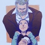  blue_background blue_jacket brown_hair father_and_daughter jacket laura_kinney logan_(movie) lowres marvel white_hair wolverine x-23 x-men 