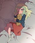  bed blonde_hair blue_eyes blush bokujoukun crying diana_cavendish full_body little_witch_academia long_hair looking_at_viewer protected_link solo stuffed_animal stuffed_toy teddy_bear younger 