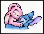  2007 alien angel_(lilo_and_stitch) antennae back_markings black_border blue_fur blue_nose border claws colored_pencil_(artwork) cute disney duo experiment_(species) eyelashes eyes_closed face_lick fur head_tuft hug licking lilo_and_stitch littletiger488 markings notched_ear pink_claws pink_fur purple_nose romantic_couple simple_background stitch tongue tongue_out traditional_media_(artwork) tuft white_background 