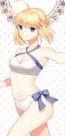  ahoge armpits artoria_pendragon_(all) artoria_pendragon_(swimsuit_archer) bare_arms bare_shoulders bikini blue_bow bow breasts cleavage closed_mouth collarbone cowboy_shot criss-cross_halter eyebrows_visible_through_hair fate/stay_night fate_(series) halterneck looking_at_viewer navel outstretched_arm short_hair small_breasts smile solo stomach swimsuit thighs walking white_bikini yaho_(yaho0211) 