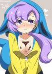  blush breasts bust_cup chocolate cleavage eromame heart hood hood_up hoodie lila_(pokemon) long_hair long_sleeves low_ponytail medium_breasts pokemon pokemon_(game) pokemon_sm purple_eyes purple_hair smile solo 