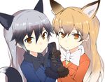  animal_ears black_gloves blonde_hair bow bowtie brown_eyes commentary ezo_red_fox_(kemono_friends) fox_ears fox_girl fox_tail gedou_(ge_ge_gedou) gloves hair_between_eyes holding_hands jacket kemono_friends long_hair long_sleeves looking_at_viewer multicolored_hair multiple_girls orange_eyes shiny shiny_hair silver_fox_(kemono_friends) silver_hair simple_background symmetrical_hand_pose tail white_background 