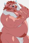  anthro bluewhale127 body_hair chernobog clothing facial_hair fur happy_trail male musclechub overweight pink_fur simple_background tokyo_afterschool_summoners towel underwear white_background 