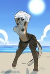  anthro beach breasts clothing feline female ficus mammal outside seaside smile solo standing undressing wide_hips 