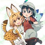  animal_ears backpack bag bangs black_gloves black_legwear brown_footwear collarbone elbow_gloves extra_ears eyebrows_visible_through_hair gloves grey_shorts hair_between_eyes hat hat_feather helmet high-waist_skirt itou_(onsoku_tassha) kaban_(kemono_friends) kemono_friends leaning_forward loafers looking_at_viewer lucky_beast_(kemono_friends) multiple_girls pantyhose pith_helmet print_gloves print_legwear print_skirt serval_(kemono_friends) serval_ears serval_tail shoes short_hair short_sleeves shorts skirt tail thighhighs v-neck wavy_hair zettai_ryouiki 