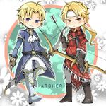  arrow blonde_hair bloomsq boots bow_(weapon) fire_emblem fire_emblem:_ankoku_ryuu_to_hikari_no_tsurugi fire_emblem:_fuuin_no_tsurugi fire_emblem:_monshou_no_nazo fire_emblem:_shin_ankoku_ryuu_to_hikari_no_tsurugi fire_emblem_heroes headband holding holding_bow_(weapon) holding_weapon jeorge_(fire_emblem) klein_(fire_emblem) looking_at_viewer male_focus multiple_boys smile weapon 