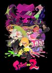  4girls absurdres aori_(splatoon) bukichi_(splatoon) commentary copyright_name glasses goggles green_umbrella gun hero_shot_(splatoon_2) highres hotaru_(splatoon) incredibly_absurdres inkling inoue_seita japanese_clothes kimono logo looking_at_viewer multiple_girls octarian octo_samurai octoling octotrooper official_art oriental_umbrella splatoon_(series) splatoon_2 squidbeak_splatoon takozonesu tentacle_hair umbrella weapon 