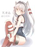  :t absurdres alternate_costume amatsukaze_(kantai_collection) artist_name blush character_name closed_mouth commentary_request cosplay crop_top eyebrows_visible_through_hair hair_between_eyes hair_ornament hair_tubes hand_on_own_knee highres kantai_collection knee_up long_hair mizukoshi_(marumi) one-piece_swimsuit pout ro-500_(kantai_collection) ro-500_(kantai_collection)_(cosplay) school_swimsuit silver_hair sitting solo striped striped_legwear swimsuit swimsuit_under_clothes thighhighs translated twitter_username windsock 