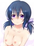  black_hair blush breasts collarbone crying crying_with_eyes_open d-frag! doria_(5073726) eyebrows_visible_through_hair frown funabori hair_between_eyes hair_ribbon looking_away low_twintails medium_breasts nipples nose_blush nude outline purple_eyes purple_ribbon ribbon short_twintails solo tears twintails upper_body wavy_mouth white_background 