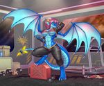  2017 absurd_res anthro bottle box breasts claws clothed clothing dragon female fingerless_gloves gloves green_eyes hair hand_behind_head hi_res horn licking licking_lips looking_at_viewer membranous_wings nipple_bulge pink_hair rollwulf scalie solo space toe_claws tongue tongue_out treadmill weights wings 