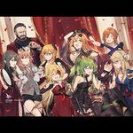  6+girls animal_ears aviator_sunglasses beard berezovich_kryuger_(girls_frontline) black_hair blonde_hair blue_eyes blush brown_hair choker doberman dog dress drunk duoyuanjun elbow_gloves eyepatch eyewear_on_head facial_hair flower flower_eyepatch formal girls_frontline glasses gloves green_eyes green_hair hair_flower hair_ornament helianthus_(girls_frontline) highres instrument jewelry kalina_(girls_frontline) letterboxed long_hair m1903_springfield_(girls_frontline) m1918_bar_(girls_frontline) m950a_(girls_frontline) microphone microphone_stand mosin-nagant_(girls_frontline) multiple_girls necklace official_art one_eye_closed persica_(girls_frontline) purple_hair red_eyes short_hair shorts smile sunglasses tambourine triangle_(instrument) twintails vz.61_(girls_frontline) wa2000_(girls_frontline) 