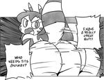  anthro big_butt bottomless butt clothed clothing female fluffy fluffy_tail furret greyscale kori_(potoobrigham) looking_back monochrome nintendo pok&eacute;mon potoobrigham shaking_butt stripes text video_games 