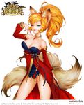  animal_ears bare_shoulders black_dress blue_eyes breasts choker cleavage collarbone contrapposto copyright_name cropped_legs dress eyeliner hair_ornament high_ponytail large_breasts long_hair makeup multiple_tails nail_polish orange_hair ponytail seven_knights short_dress simple_background smile solo standing strapless tail watermark white_background yuri_(anachronic) yuri_(seven_knights) 