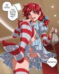  animeflux bow braid dress english feet freckles hair_bow hentai-foundry_sample highres image_sample leg_lift looking_at_viewer no_shoes ojou-sama_pose panties pantyshot pantyshot_(standing) pov_feet puffy_sleeves red_eyes red_hair solo speech_bubble standing standing_on_one_leg striped striped_legwear striped_sleeves thighhighs toes twin_braids twintails underwear vertical-striped_dress vertical_stripes wendy's wendy_(wendy's) white_panties 