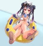  1girl barefoot between_toes bikini blacj_hair feet flip-flops foot_hold hairclip hat highres legs_crossed lifebuoy long_hair looking_at_viewer popsicle pov red_eyes shoe_dangle shoes_removed soles toes tongue_out twintails 