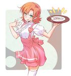 anna_miller apron aqua_eyes blouse commentary cream crumbs fork iesupa knife name_tag nora_valkyrie orange_hair plate rwby smile solo thighhighs tongue tongue_out tray waitress white_blouse 