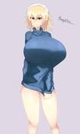  1girl blonde_hair bottomless breasts cowboy_shot eyebrows_visible_through_hair grey_background huge_breasts looking_at_viewer maid_headdress mugetsu myuunium pointy_ears red_eyes short_hair solo standing sweater touhou touhou_(pc-98) 