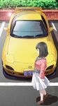  black_hair blouse boots brown_eyes brown_footwear car cardigan day from_side funyariko grey_blouse ground_vehicle high_heel_boots high_heels highres lens_flare mazda_rx-7 motor_vehicle original outdoors parking_lot profile skirt solo spoiler_(automobile) standing white_skirt 