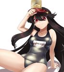  bare_arms bare_legs bare_shoulders black_hair blue_swimsuit breasts covered_navel family_crest fate/grand_order fate_(series) hair_between_eyes hat highres impossible_clothes long_hair looking_at_viewer medium_breasts name_tag oda_nobunaga_(fate) oda_uri old_school_swimsuit one-piece_swimsuit peaked_cap red_eyes school_swimsuit shimomoto sitting smile solo swimsuit thighs 