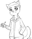  2017 alec8ter anthro black_and_white cassidy_(alec8ter) cat clothed clothing feline hand_in_pocket holding_object inner_ear_fluff looking_at_viewer male mammal monochrome open_hoodie signature simple_background smile solo stylus white_background 