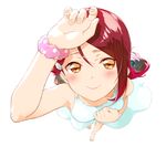  arm_up bangs barefoot breasts brown_eyes dress foreshortening from_above half_updo hand_on_own_chest long_hair looking_at_viewer looking_up love_live! love_live!_sunshine!! parted_bangs polka_dot polka_dot_scrunchie red_hair sakurauchi_riko scrunchie simple_background small_breasts smile solo sundress white_background white_dress wrist_scrunchie yomotsuka_tsukasa 