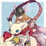  absurdres angel_wings angewomon asymmetrical_clothes bare_shoulders blonde_hair blue_eyes cat choker claws commentary_request creature digimoji digimon digimon_adventure gloves hat head_wings helmet highres holy_ring jewelry jingle_chunshui long_hair multiple_wings no_humans print_gloves red_choker red_scarf ribbon ring santa_hat scarf smile snow tailmon thigh_strap wings yellow_gloves 