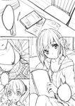  3: bad_id bad_pixiv_id bangs blush book carrot_hair_ornament chair close-up closed_mouth collarbone comic d: eyebrows_visible_through_hair food_themed_hair_ornament greyscale hair_bobbles hair_ornament holding holding_book hood hoodie monochrome multiple_girls open_clothes open_hoodie open_mouth original pencil sketch sketchbook speech_bubble twintails yoropa 