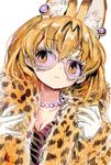  :3 animal_ears breasts cleavage close-up commentary earrings extra_ears eyebrows_visible_through_hair fur_coat gloves hair_between_eyes head_tilt highres jewelry kemono_friends medium_breasts necklace orange_eyes orange_hair pearl_earrings pearl_necklace serval_(kemono_friends) serval_ears serval_print short_hair solo sunglasses upper_body white_gloves zinbei 