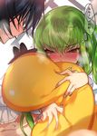  1girl bangs black_hair blush brown_eyes c.c. cheese-kun code_geass commentary_request creayus eyebrows_visible_through_hair full-face_blush green_hair hetero holding implied_sex lelouch_lamperouge long_hair navel pillow pillow_grab shirt sweat thought_bubble translation_request twitter_username white_shirt 