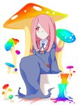  belt blue_neckwear closed_mouth collared_shirt flipped_hair full_body hair_over_one_eye head_tilt highres little_witch_academia long_hair long_sleeves looking_away mushroom necktie paint pale_skin pink_hair red_eyes robe shirt sitting smile solo stairs sucy_manbavaran tei-o white_background white_shirt wing_collar 