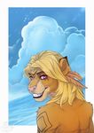  anthro black_lips blone_hair digital_media_(artwork) feline female fur lion mammal nibinoylin orange_fur purple_eyes rikitoka smile solo teeth whiskers 