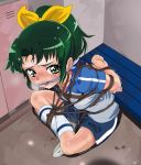  1girl arms_behind_back bdsm blush bondage bound box_tie breasts gag gagged green_eyes green_hair highres indian_style legs_crossed locker locker_room midorikawa_nao ponytail precure rope sharpffffff shibari shorts sitting small_breasts smile_precure! soccer_uniform sportswear sweat 