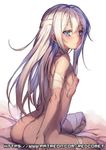  artist_name ass bandaged_arm bandaged_head bandages blue_eyes blush breasts hibiki_(kantai_collection) kantai_collection long_hair nipples nude patreon_username redcomet silver_hair sitting small_breasts smile solo watermark web_address white_background 