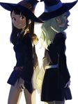 back-to-back bad_id bad_pixiv_id blonde_hair blue_eyes brown_hair diana_cavendish hat henpei_saboten highres holding_hands kagari_atsuko little_witch_academia long_hair looking_back multiple_girls red_eyes witch_hat 