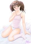  bed blush bow bow_panties breasts brown_eyes brown_hair camisole dated hiyama_izumi_(wttdh) kantai_collection open_mouth panties ryuujou_(kantai_collection) signature sitting small_breasts socks solo twintails undershirt underwear underwear_only wariza white_panties 