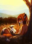  ambiguous_gender anthro book canine day detailed_background ear_piercing fox fur inner_ear_fluff lukiri mammal nude orange_fur outside piercing sitting smile solo tree 