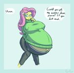  anthro big_breasts breasts clothing english_text fluttershy_(mlp) forfun41 friendship_is_magic huge_breasts hyper hyper_pregnancy my_little_pony nipple_bulge pregnant sweat_pants sweater text 