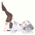  bangs black_panties black_skirt blue_eyes bow bow_panties breasts closed_mouth commentary_request covered_nipples eyebrows_visible_through_hair from_side hair_down highres inushi kantai_collection kashima_(kantai_collection) legs_together legs_up light_smile long_hair looking_at_viewer lying medium_breasts navel on_back panties panty_pull pantyhose pantyhose_pull pleated_skirt side-tie_panties silver_hair simple_background skirt smile solo underwear white_background 