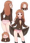  &gt;_&lt; :&gt; :d a_channel ass black_jacket black_legwear black_skirt blazer blush bow bow_panties bowtie brown_eyes brown_hair chibi clenched_hands closed_eyes collared_shirt debutya_aki embarrassed eyebrows_visible_through_hair flying_sweatdrops frilled_panties frills hands_on_own_cheeks hands_on_own_face heart highres hira-chan jacket kneehighs long_hair long_sleeves looking_at_viewer motion_lines multiple_views nose_blush open_mouth panties pink_panties pleated_skirt profile school_uniform shirt sideways_mouth skirt skirt_lift smile standing striped striped_bow striped_neckwear sweater_vest underwear wavy_mouth white_background white_shirt wing_collar 
