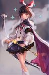  armband arrow bow bow_(weapon) brown_eyes brown_hair cape closed_mouth commentary_request facial_tattoo hairband highres looking_at_viewer nekoremon red_bow ribbon short_hair skirt solo standing tattoo terra_battle weapon white_legwear yukken_(terra_battle) 