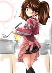  apron bowl brown_eyes brown_hair commentary_request fang from_behind japanese_clothes kantai_collection kariginu kneehighs ladle looking_back miniskirt nukoyarou pleated_skirt ribbon-trimmed_sleeves ribbon_trim ryuujou_(kantai_collection) skirt smile solo twintails 