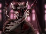  anthro blood blurred_background canine clothed clothing entsk knife mammal red_eyes smile solo teeth wolf 