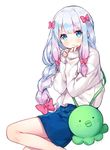  alternate_hairstyle ayamy bag bangs blue_eyes blue_hair blue_skirt blush bow braid eromanga_sensei eyebrows_visible_through_hair gradient_hair hair_bow izumi_sagiri long_hair looking_at_viewer multicolored_hair own_hands_together parted_lips pink_bow pink_hair satchel silver_hair simple_background single_braid skirt sleeves_past_wrists solo stuffed_animal stuffed_octopus stuffed_toy sweater white_background white_sweater 