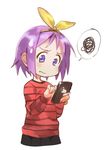  blue_eyes bow cellphone frustrated hair_bow highres hiiragi_tsukasa iphone lucky_star phone purple_hair sendrawz short_hair smartphone solo striped striped_sweater sweatdrop sweater white_background yellow_bow 