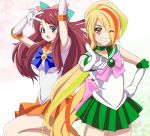  2girls :d arm_up bishoujo_senshi_sailor_moon blonde_hair blue_eyes bow breasts choker cosplay eyes_visible_through_hair gloves green_hair grin hair_bow hand_on_hip high_heels high_ponytail long_hair medium_breasts minamoto_sakura multicolored_hair multiple_girls nikaidou_saki one_eye_closed open_mouth orange_choker orange_eyes orange_footwear orange_hair orange_sailor_collar pirochi pleated_skirt pointing pointing_at_viewer pointing_up polka_dot polka_dot_bow red_hair sailor_collar sailor_jupiter sailor_jupiter_(cosplay) sailor_senshi_uniform sailor_venus sailor_venus_(cosplay) skirt smile standing standing_on_one_leg streaked_hair v very_long_hair white_gloves zombie_land_saga 