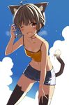  :d ;d ahoge animal_band_legwear animal_ears bangs bare_arms bare_shoulders black_legwear blue_shorts blue_sky blush breasts brown_eyes brown_hair buttons camisole can can_to_cheek cat_band_legwear cat_ears cat_tail cleavage cloud collarbone cowboy_shot cutoffs day denim denim_shorts eyebrows_visible_through_hair fang glint holding jewelry legs_apart midriff navel necklace one_eye_closed oota_yuuichi open_mouth original outdoors pendant ribbon short_hair short_shorts shorts sky sleeveless small_breasts smile soda_can solo spaghetti_strap standing stomach sweat tail tail_ribbon tareme thighhighs white_ribbon 