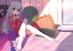  bed blue_eyes blue_hair blush bow eromanga_sensei eyebrows_visible_through_hair hair_bow highres izumi_sagiri long_hair looking_at_viewer on_bed pajamas panties pillow pink_bow pink_panties rokuroku_(xd_p) side-tie_panties sitting solo stuffed_animal stuffed_octopus stuffed_toy stylus tablet_pc thighhighs underwear white_legwear 