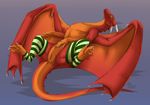  2017 4_toes batwings claws clothing darkarlett dragon female feral green_eyes hi_res hindpaw horn leg_warmers legwear membranous_wings orange_body paws pinup pose pussy reaver red_skin scalie slit socks solo spines stockings striped_legwear striped_socks stripes thigh_highs toes wingclaws wings 